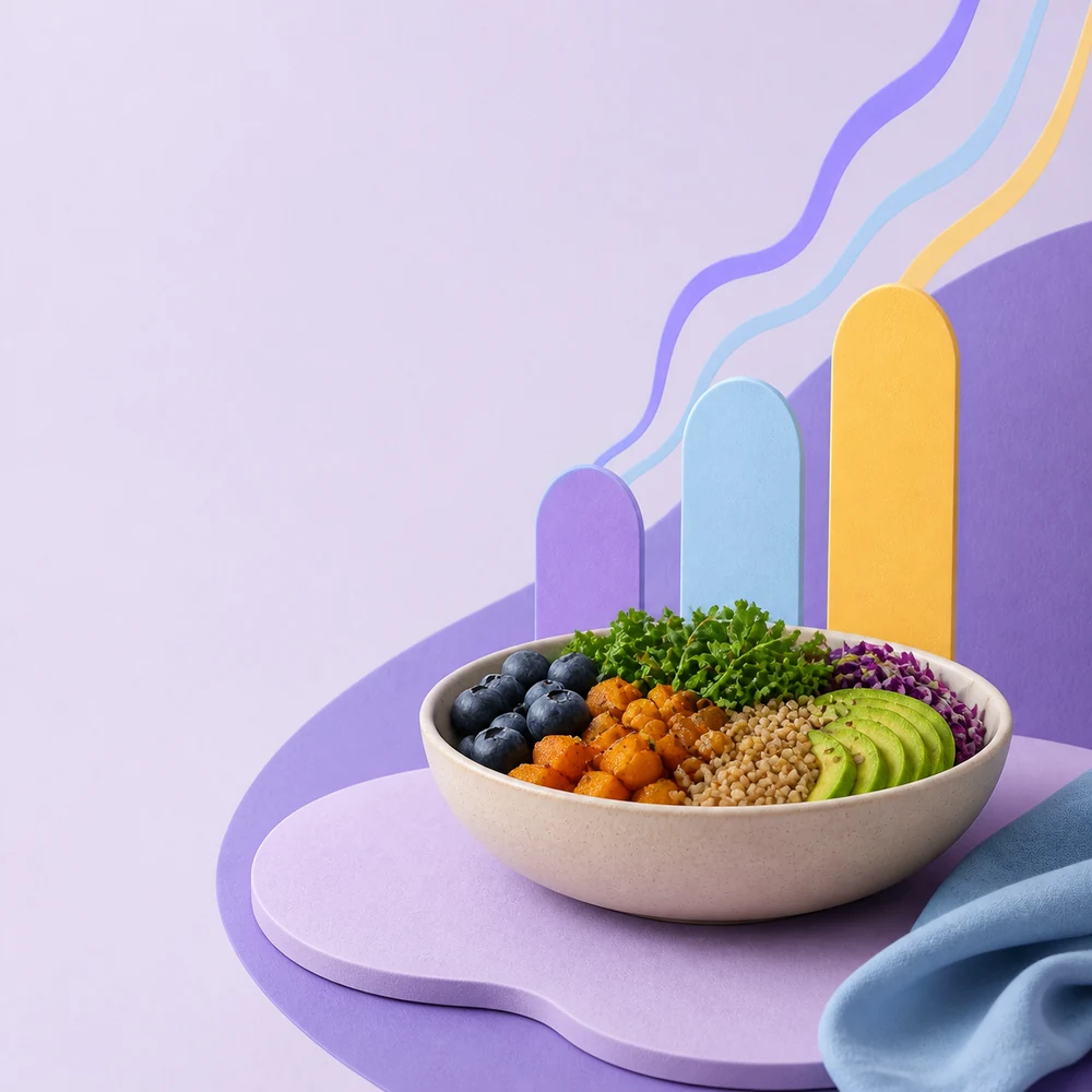 A colorful grain and vegetable bowl beside three cool rising clarity shapes.